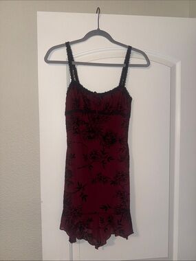 Women's Burgundy Floral Mini Dress with Black Trim